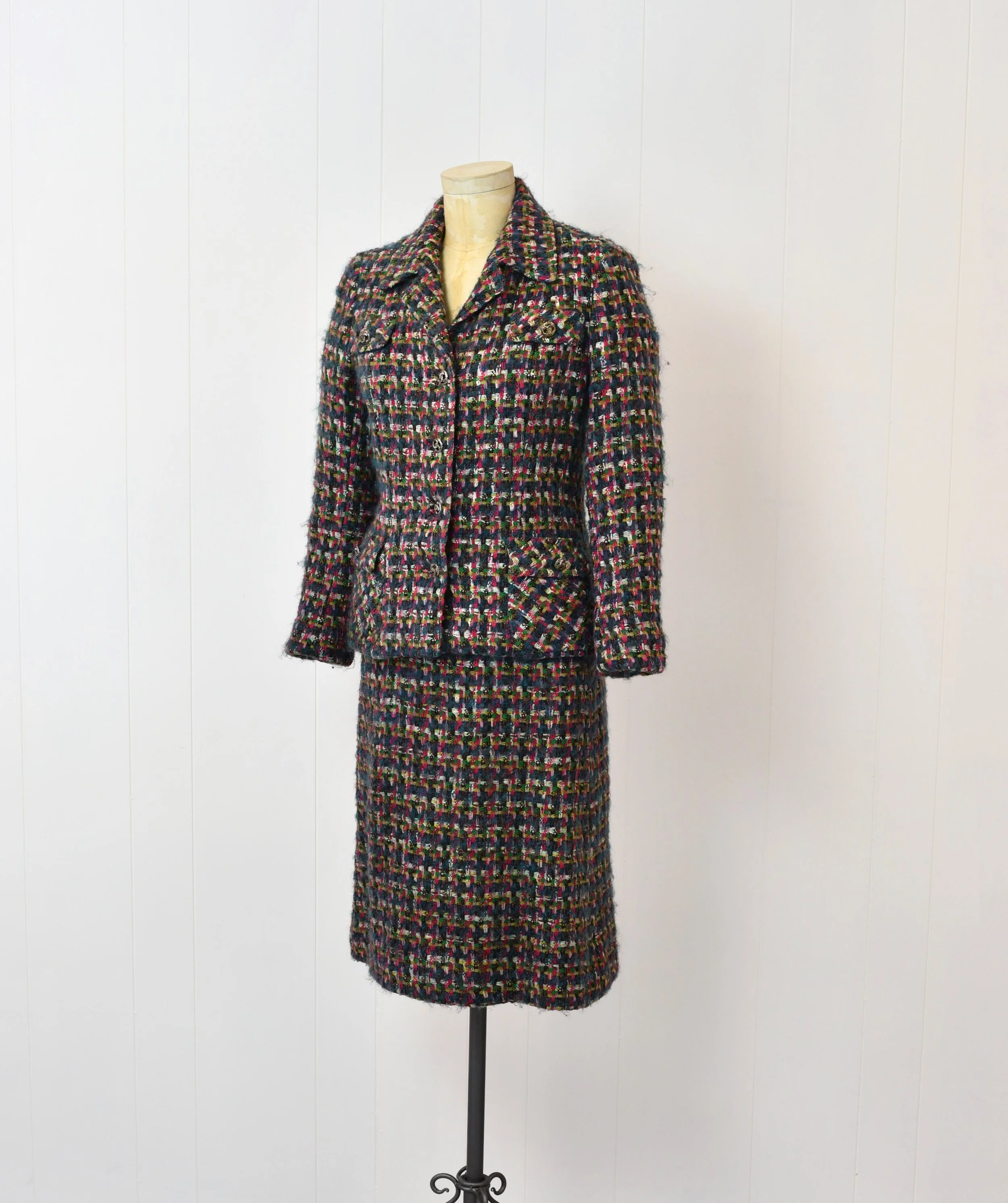 1980s Chanel Inspired Blue Pink Plaid Multicolored Wool Two Piece